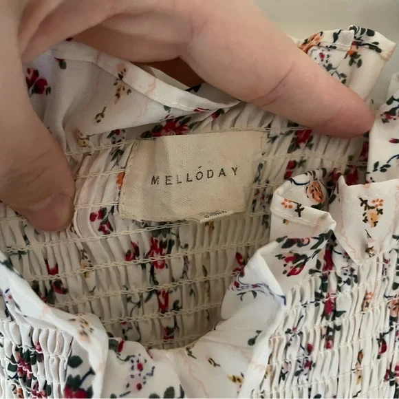 MELLODAY White Floral Ruffled Smocked Dress with Red and Green Accents - Picture 2 of 9